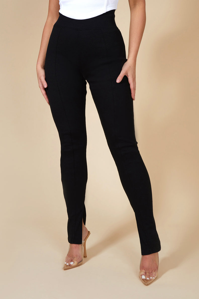 SPLIT HEM RIBBED LEGGINGS BLACK