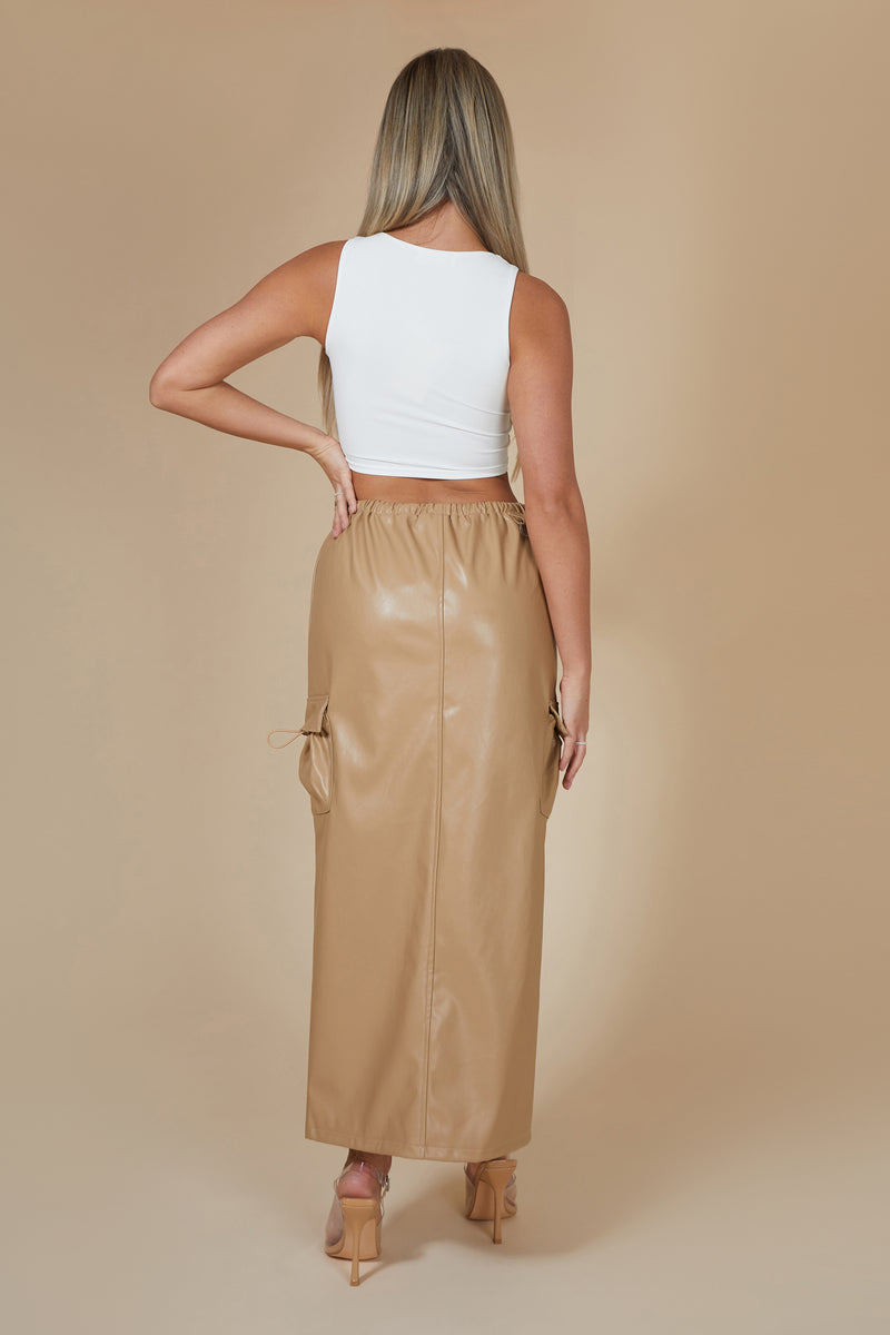 Faux Leather Pocket Detail Cargo Maxi Skirt Camel
