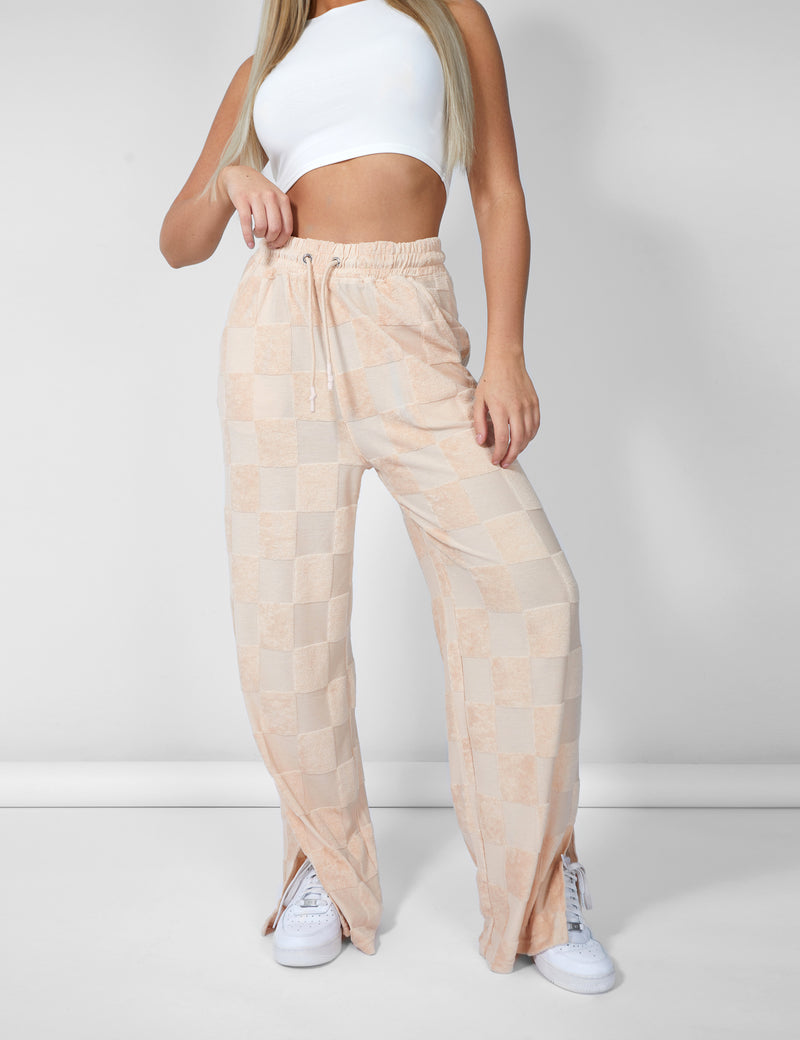 WIDE LEG SPLIT HEM CHECKERBOARD TOWELLING JOGGERS SAND