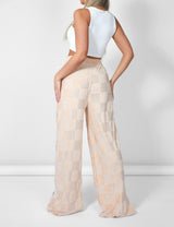 WIDE LEG SPLIT HEM CHECKERBOARD TOWELLING JOGGERS SAND