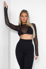 MESH LONG SLEEVE UNDERBUST TOP BLACK