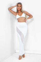 Sheer Panelled Mesh Knitted Maxi Skirt Ivory