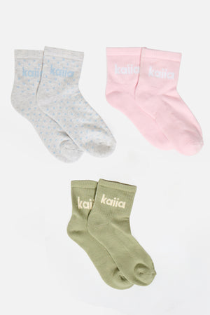 Pack of Three Kaiia Slogan Socks Polka Dot, Sage & Pink