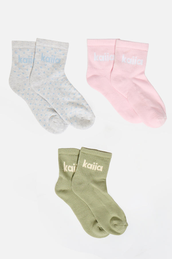 Pack of Three Kaiia Slogan Socks Polka Dot, Sage & Pink