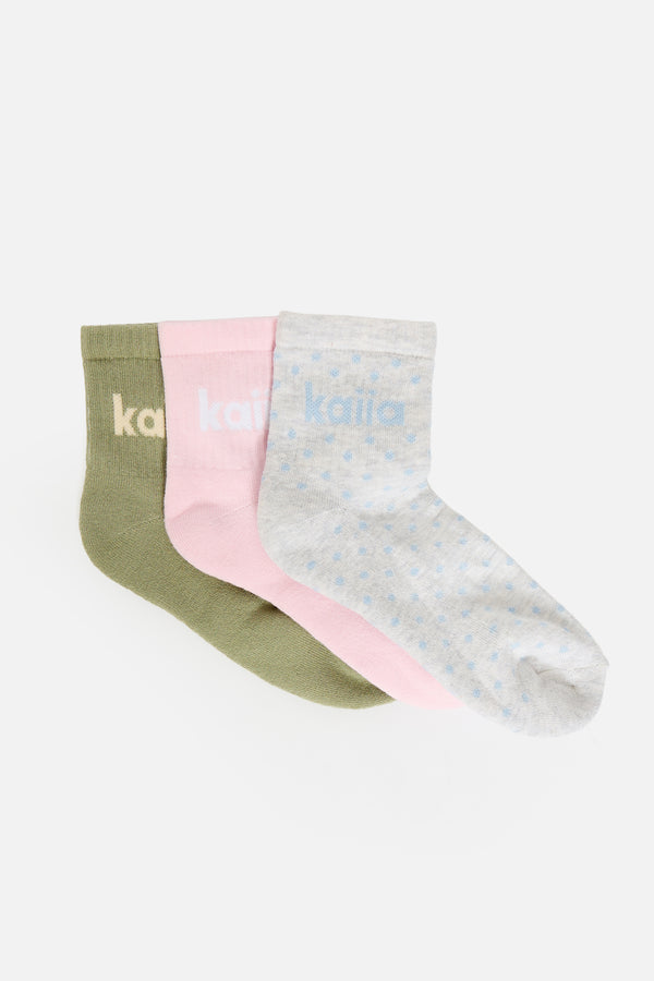 Pack of Three Kaiia Slogan Socks Polka Dot, Sage & Pink