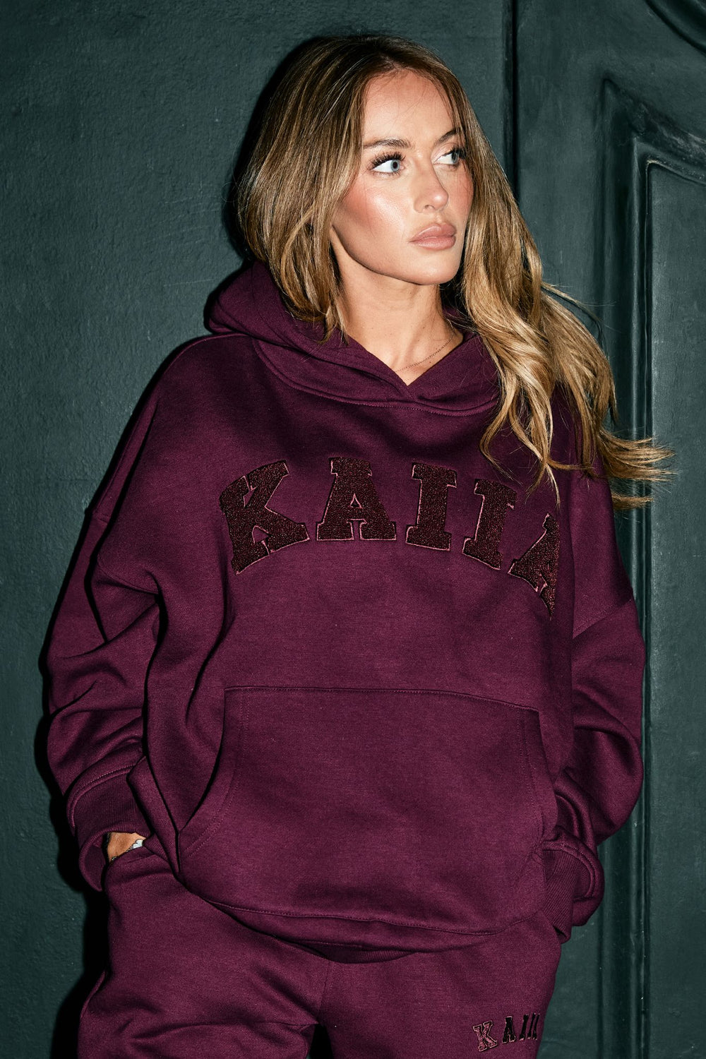 Kaiia Borg Slogan Oversized Hoodie Cherry