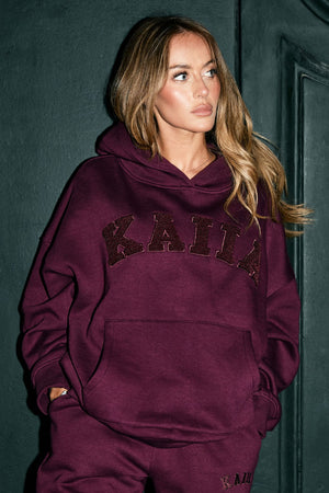 Kaiia Borg Slogan Oversized Hoodie Dark Cherry