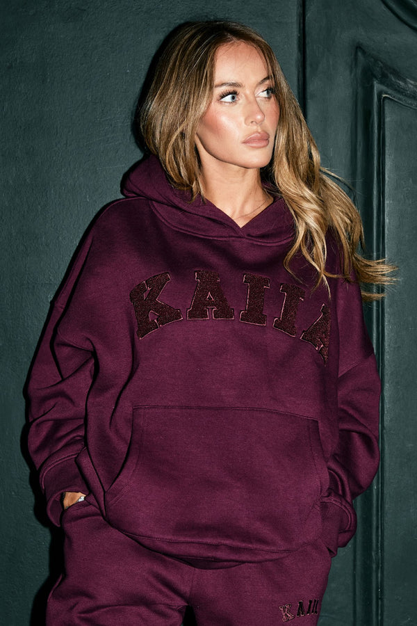 Kaiia Borg Slogan Oversized Hoodie Dark Cherry