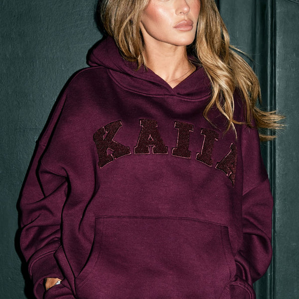 Kaiia Borg Slogan Oversized Hoodie Dark Cherry | Kaiia