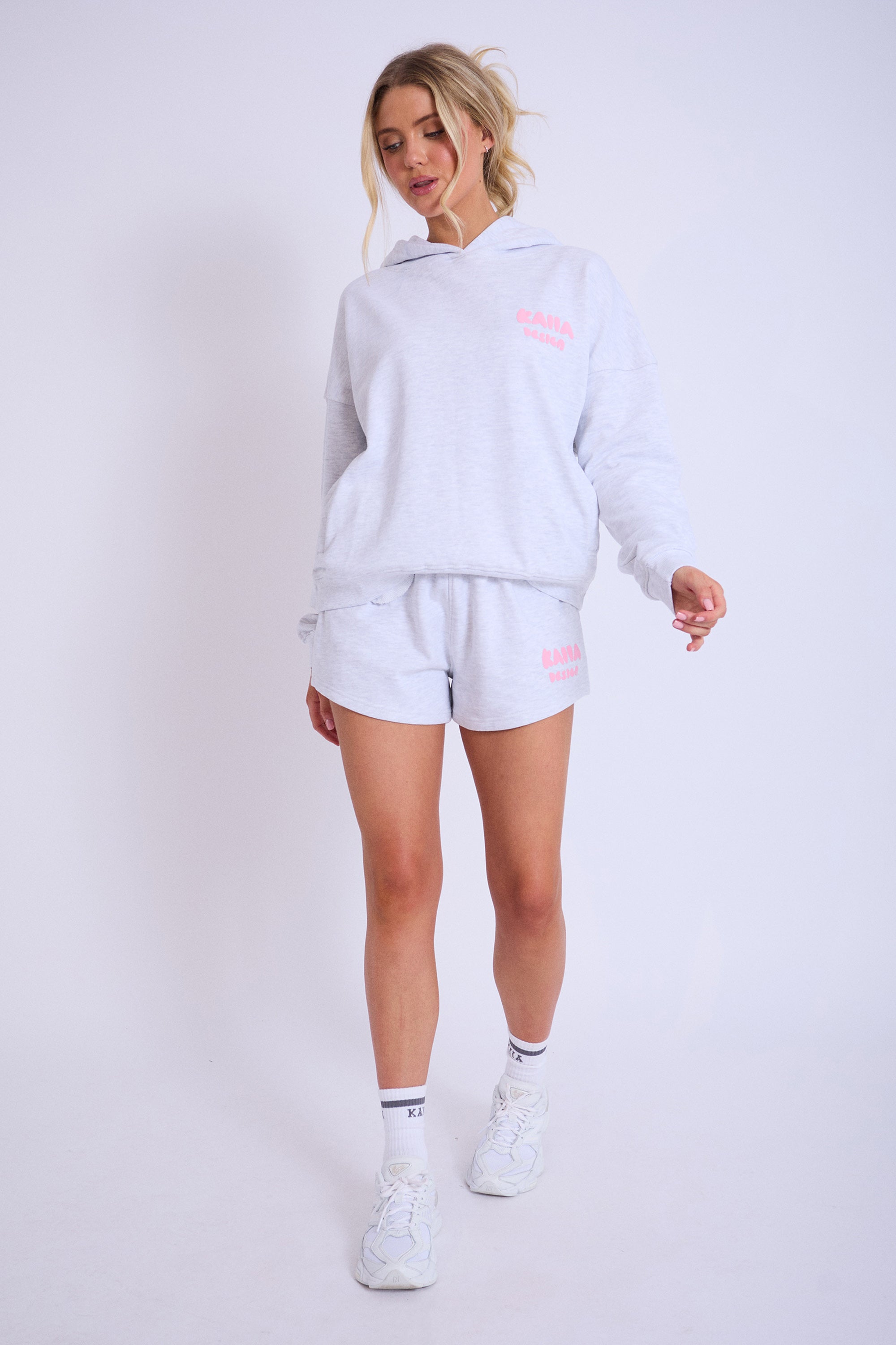 Kaiia Design Bubble Logo Oversized Hoodie Lt Grey Marl & Pink