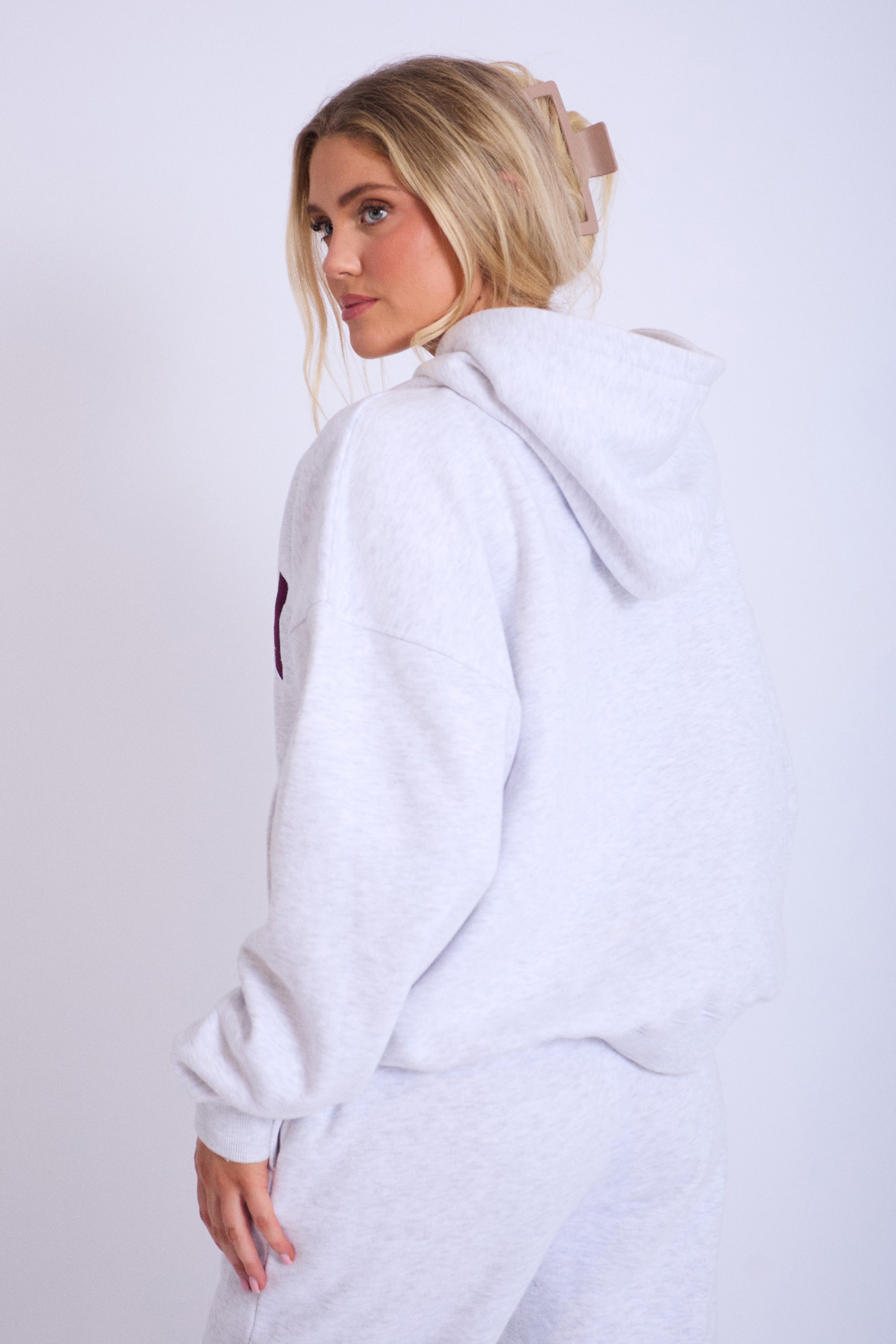Kaiia Slogan Oversized Hoodie Light Grey Marl With Burgundy Kaiia