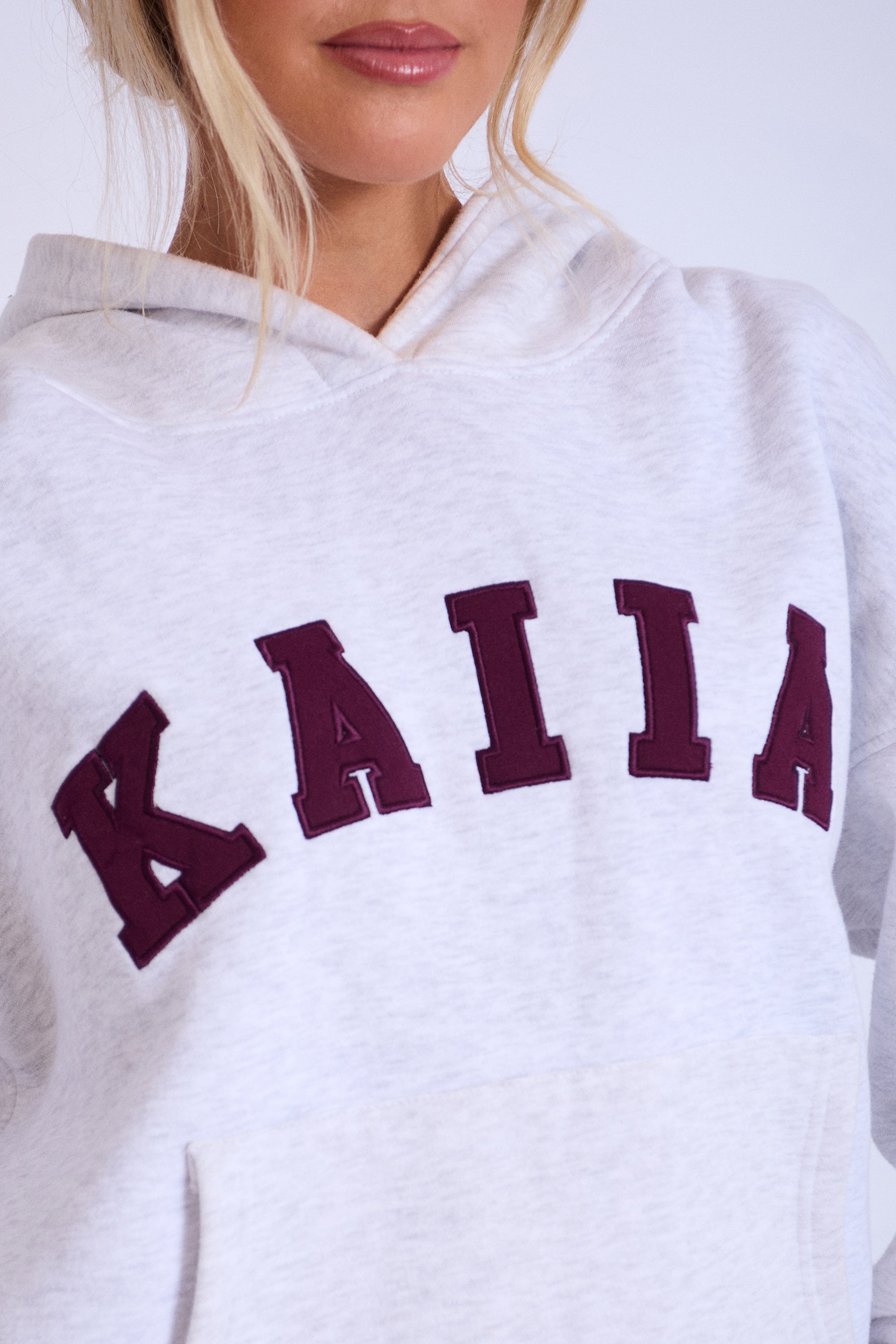 Kaiia Slogan Oversized Hoodie Light Grey Marl With Burgundy Kaiia