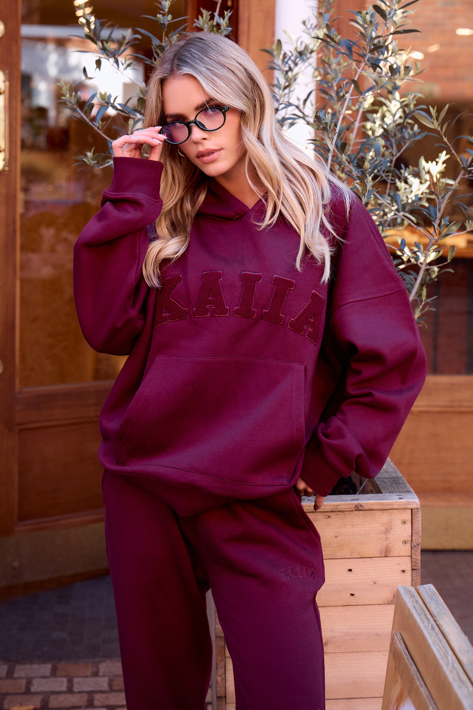 Kaiia Slogan Oversized Hoodie Deep Burgundy