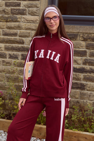 Kaiia Lightweight Knit Sport Stripe Zip Through Sweatshirt Dark Cherry & Pink