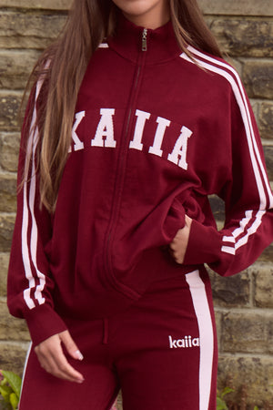 Kaiia Lightweight Knit Sport Stripe Zip Through Sweatshirt Dark Cherry & Pink