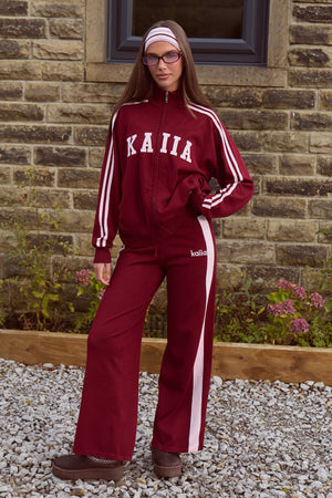 Kaiia Lightweight Knit Sport Stripe Zip Through Sweatshirt Dark Cherry & Pink