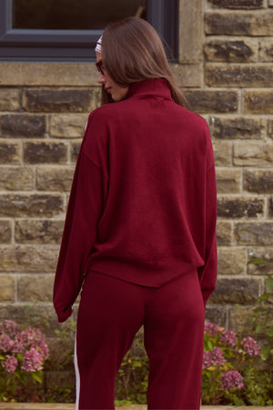Kaiia Lightweight Knit Sport Stripe Zip Through Sweatshirt Dark Cherry & Pink