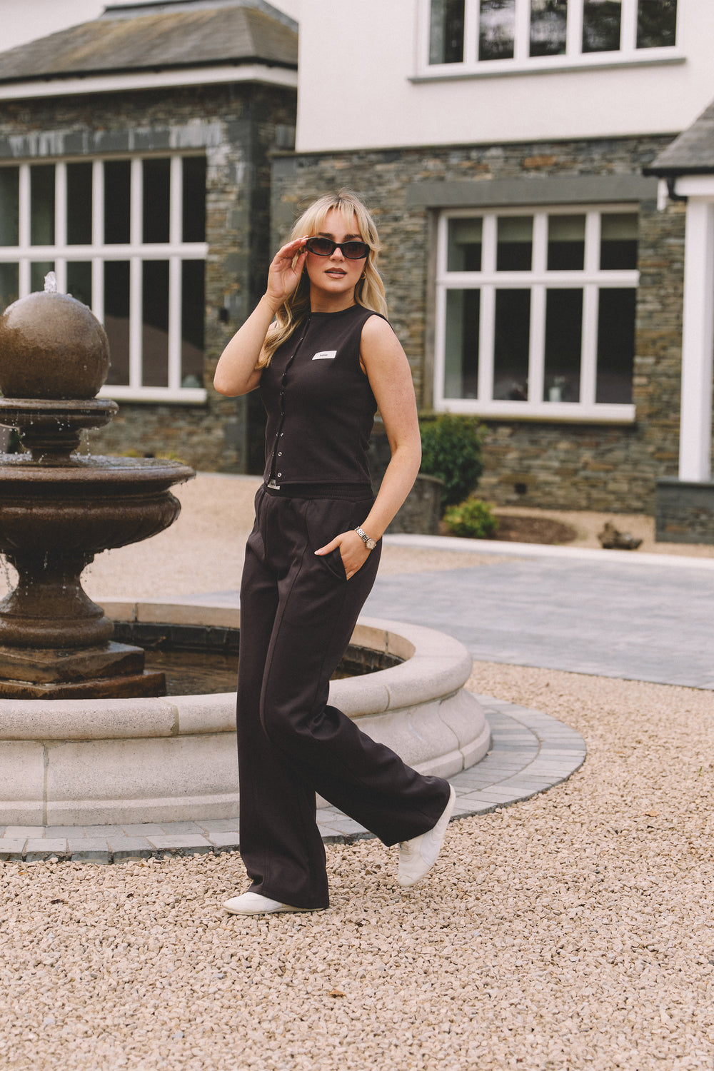 Kaiia Label Logo Premium Interlock Wide Leg Joggers Brown