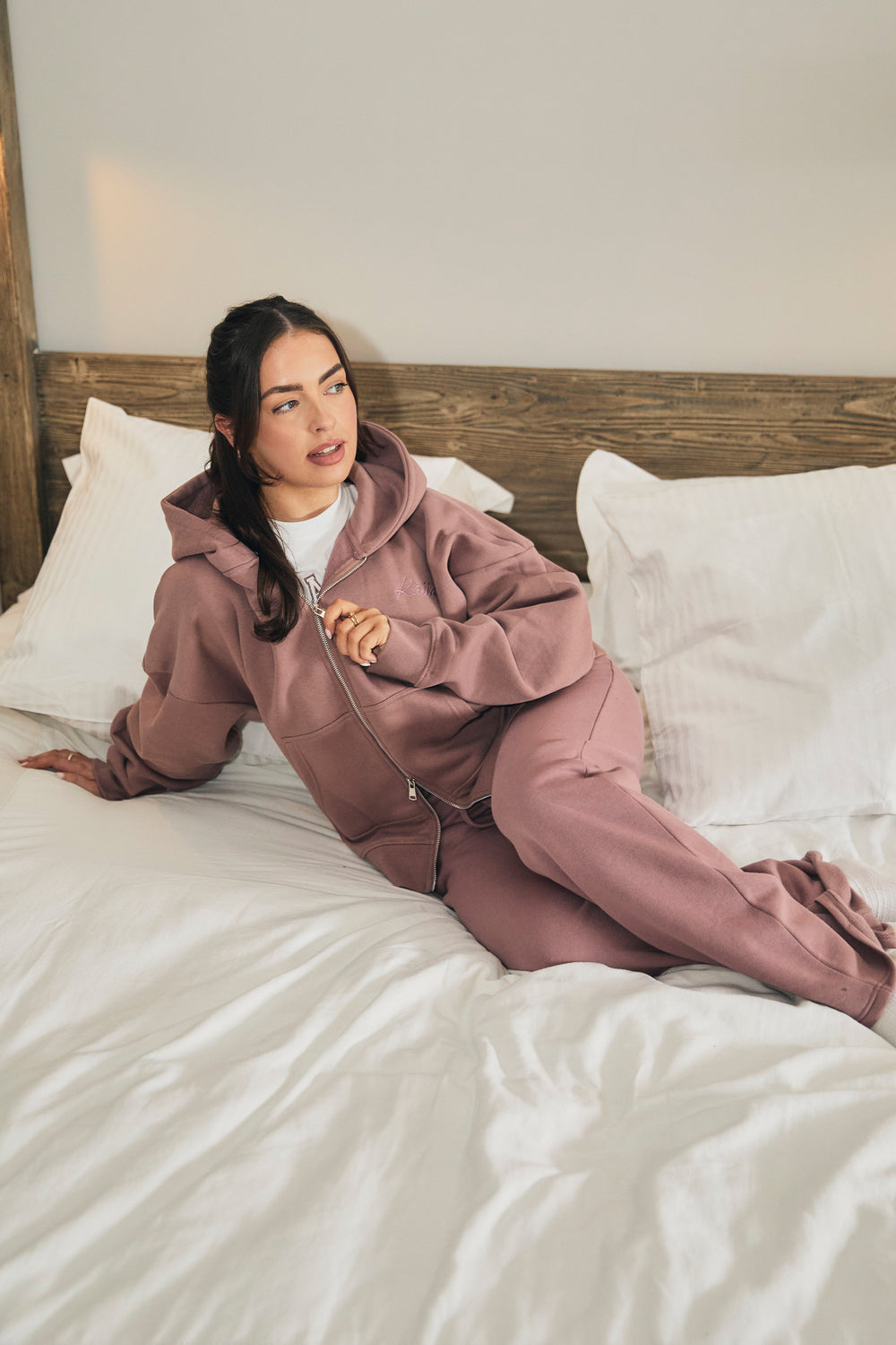 Kaiia Script Logo Double Ended Zip Through Oversized Hoodie Rosewood
