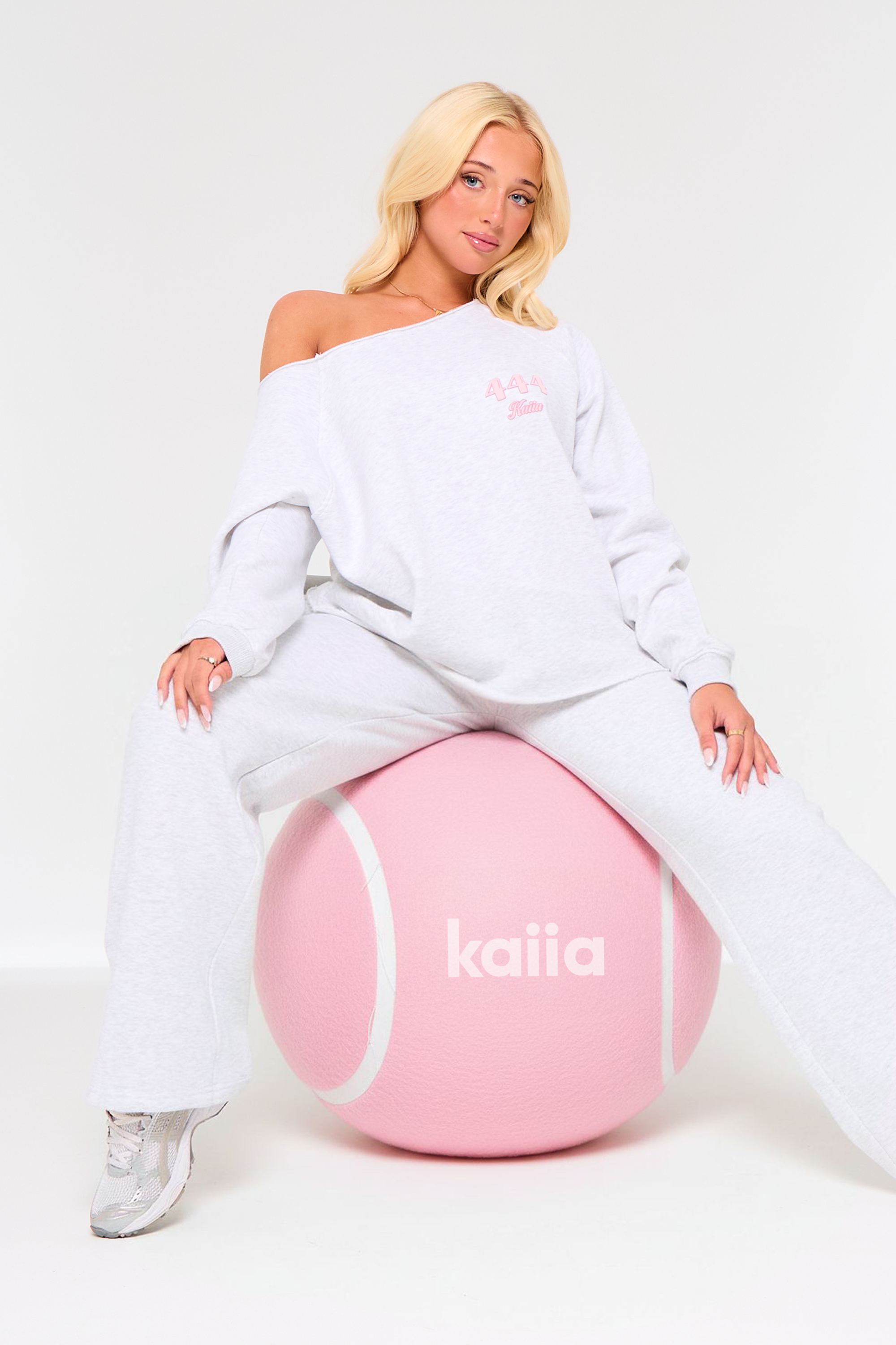 Kaiia 444 Off the Shoulder Sweatshirt Light Grey Marl & Pink