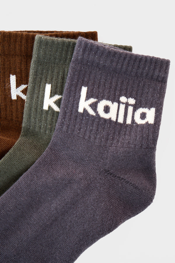Pack of Three Kaiia Logo Socks Brown, Grey & Green