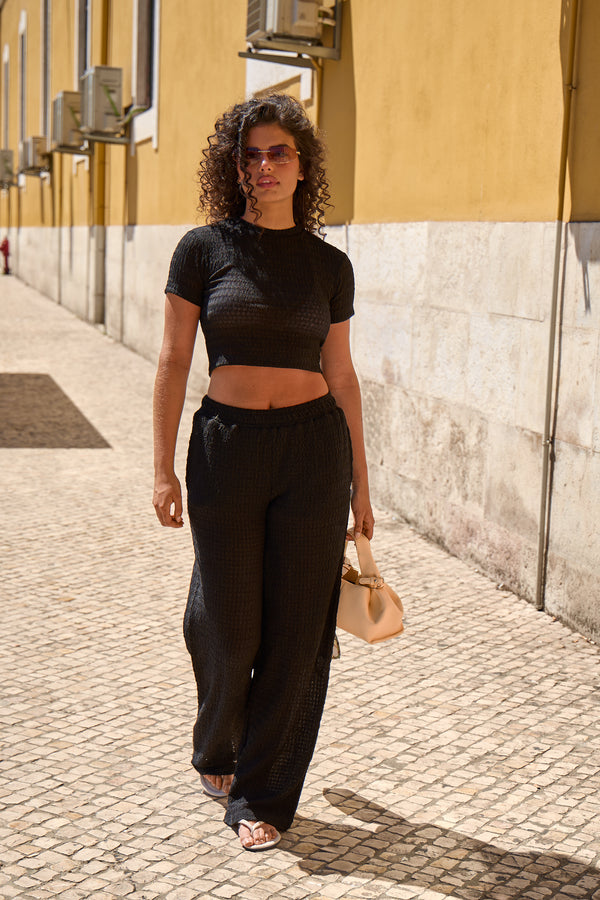 Kaiia Textured Wide Leg Beach Trousers Black