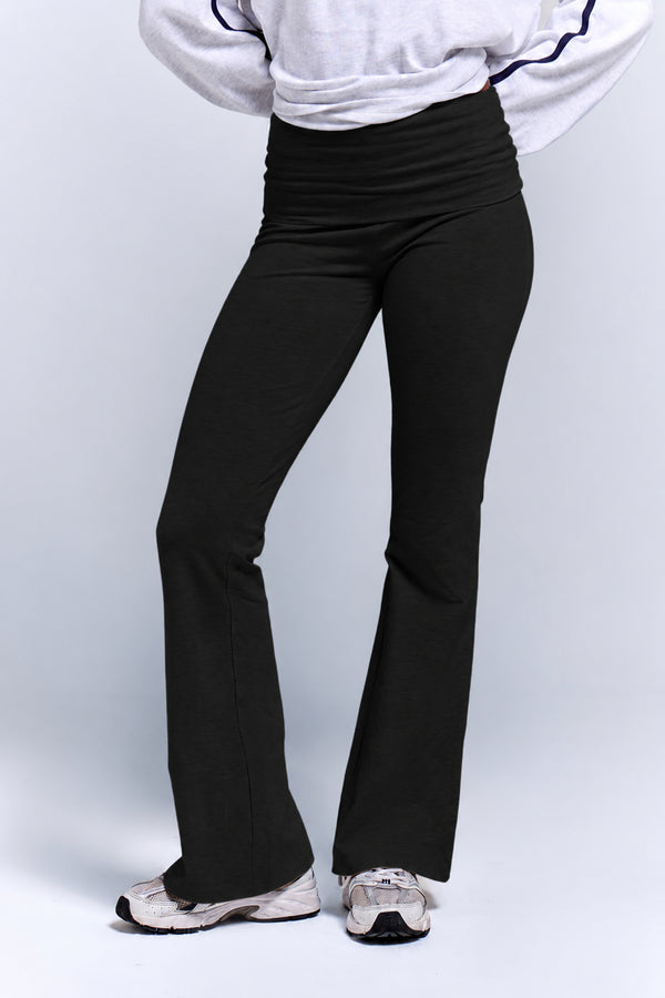 Kaiia Foldover Cotton Yoga Flares Black