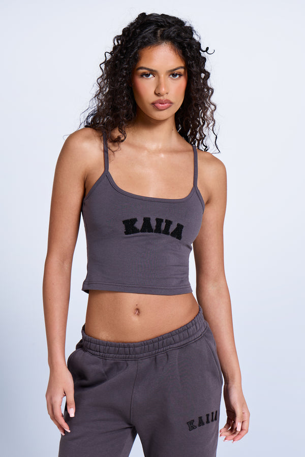 Kaiia Slogan Cami Top Dark Grey