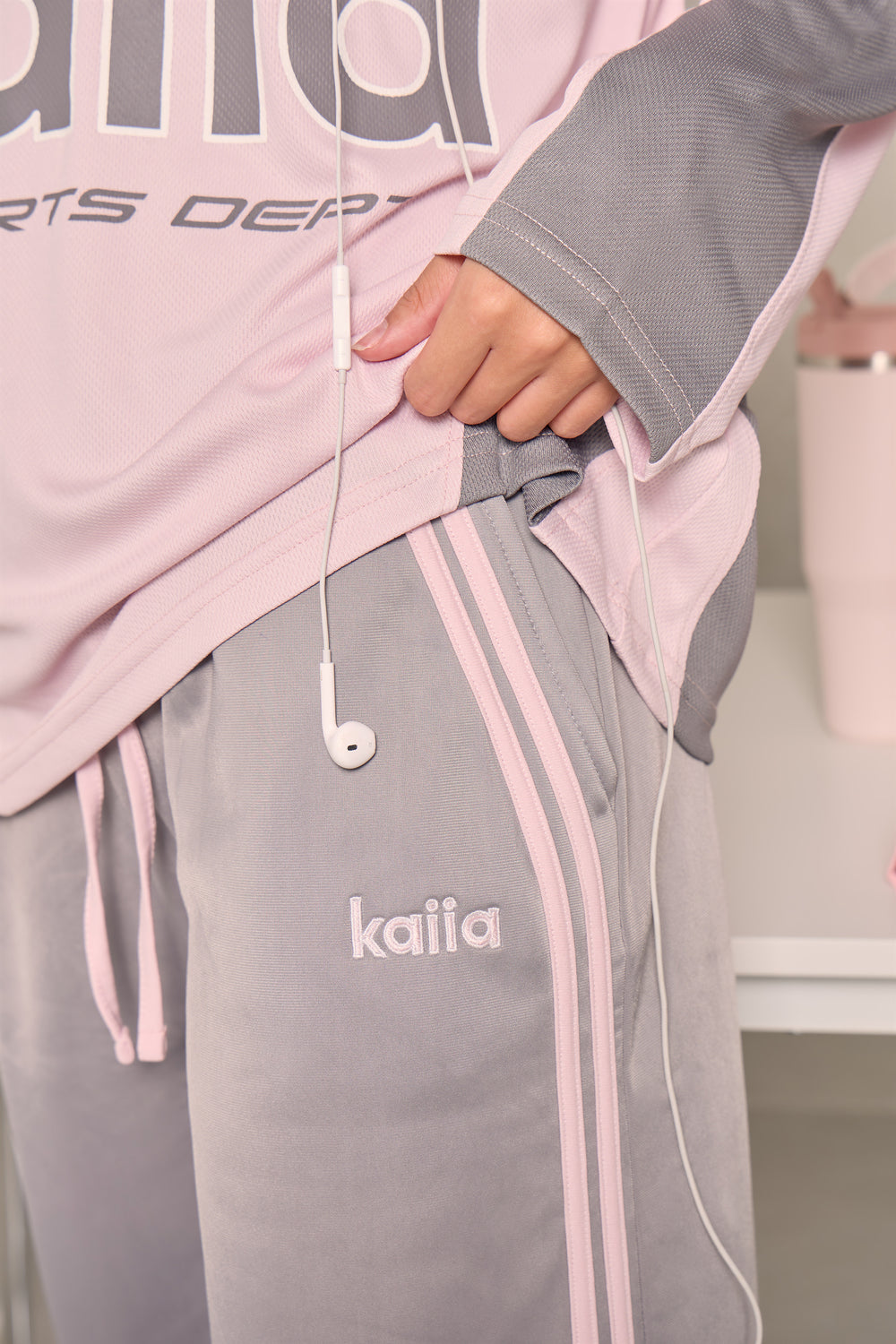 Kaiia Logo Tricot Joggers Mid Grey & Baby Pink