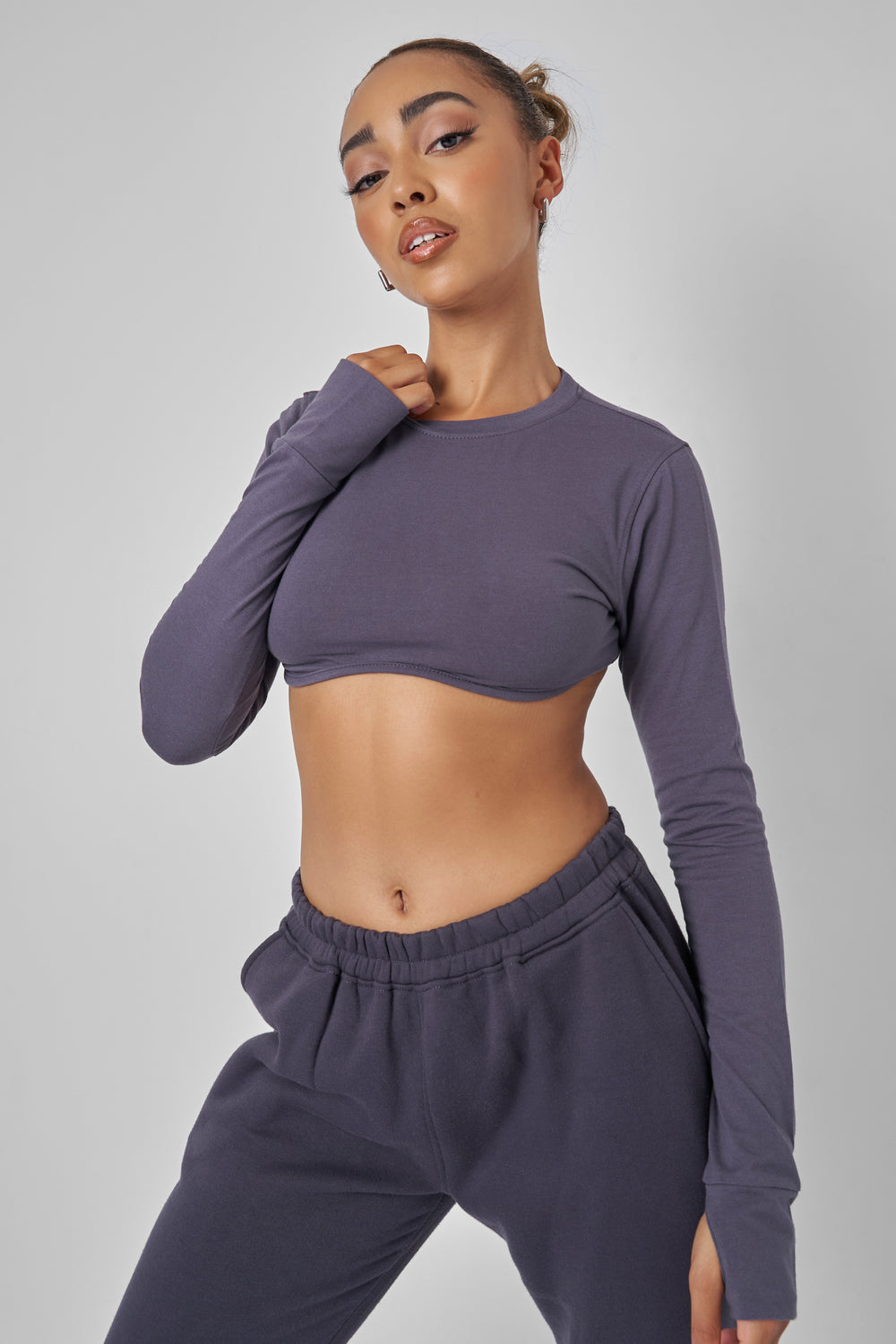 Long Sleeve Underbust Crop Top Dark Grey