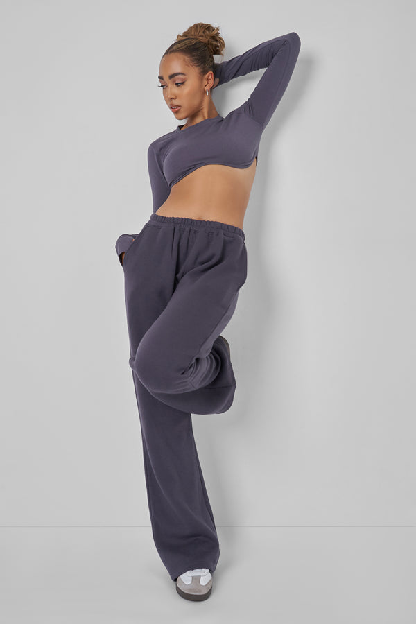 Long Sleeve Underbust Crop Top Dark Grey