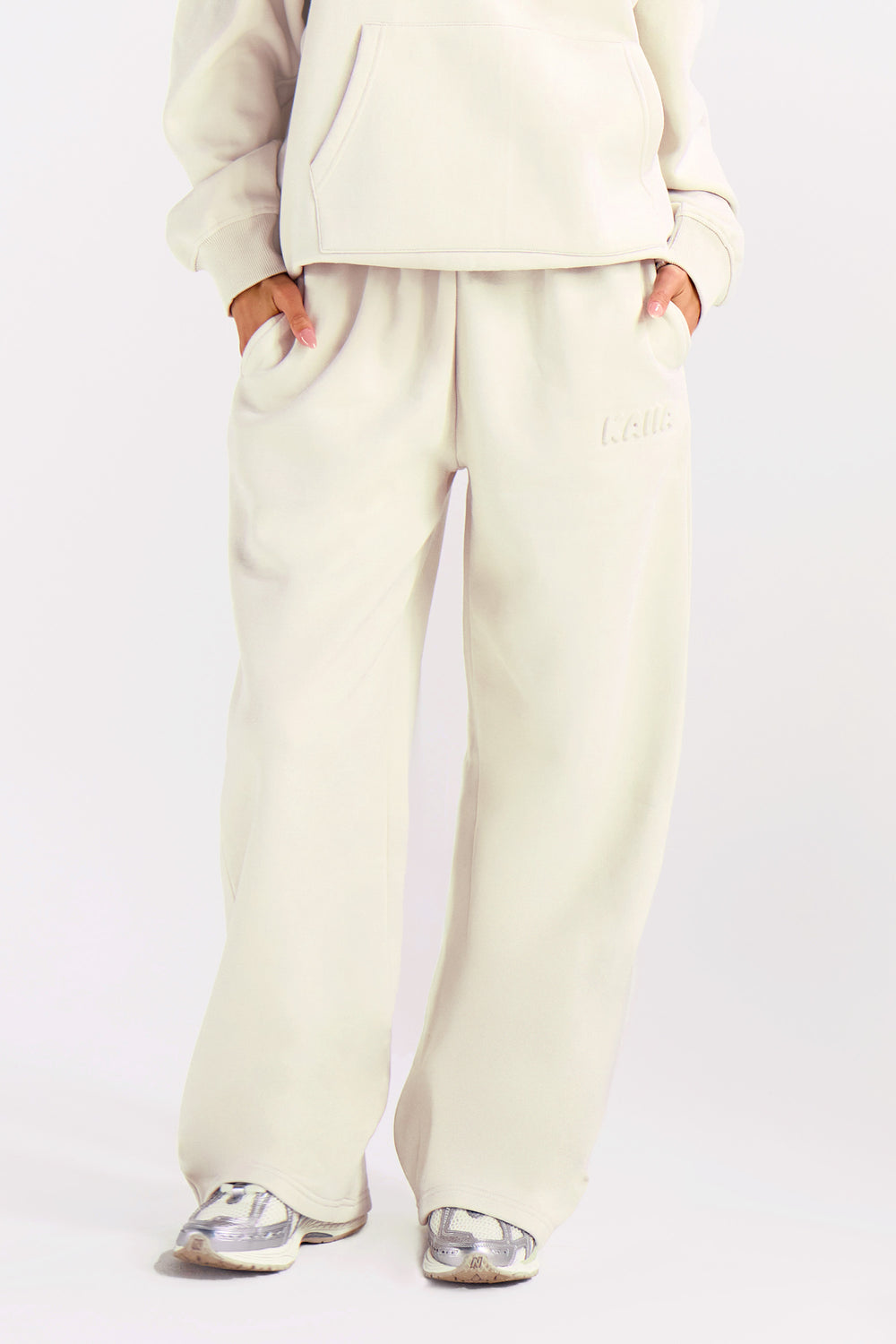 Kaiia Embossed Bubble Logo Wide Leg Joggers Almond Milk