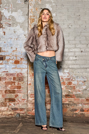 Kaiia Cropped Hooded Zip Up Faux Fur Jacket Light Brown