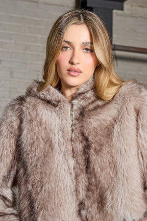 Kaiia Cropped Hooded Zip Up Faux Fur Jacket Light Brown