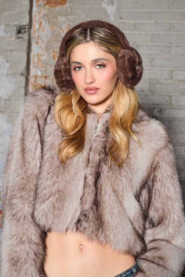 Kaiia Cropped Hooded Zip Up Faux Fur Jacket Light Brown