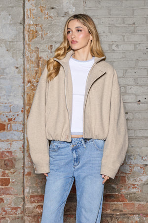 Kaiia Funnel Neck Brushed Wool Zip Up Jacket Beige