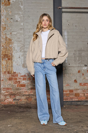 Kaiia Funnel Neck Brushed Wool Zip Up Jacket Beige