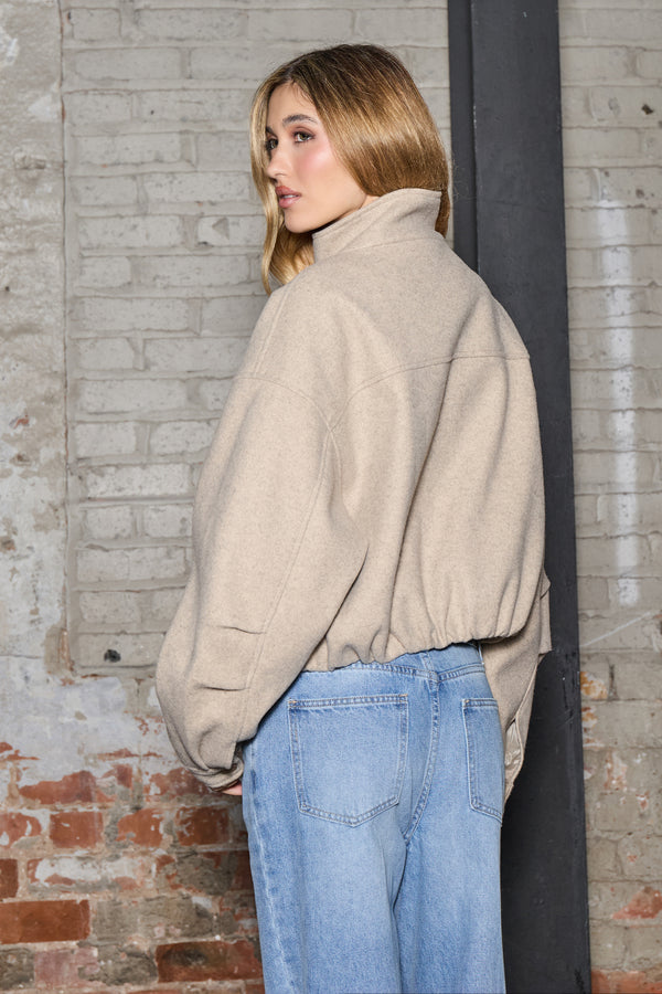 Kaiia Funnel Neck Brushed Wool Zip Up Jacket Beige