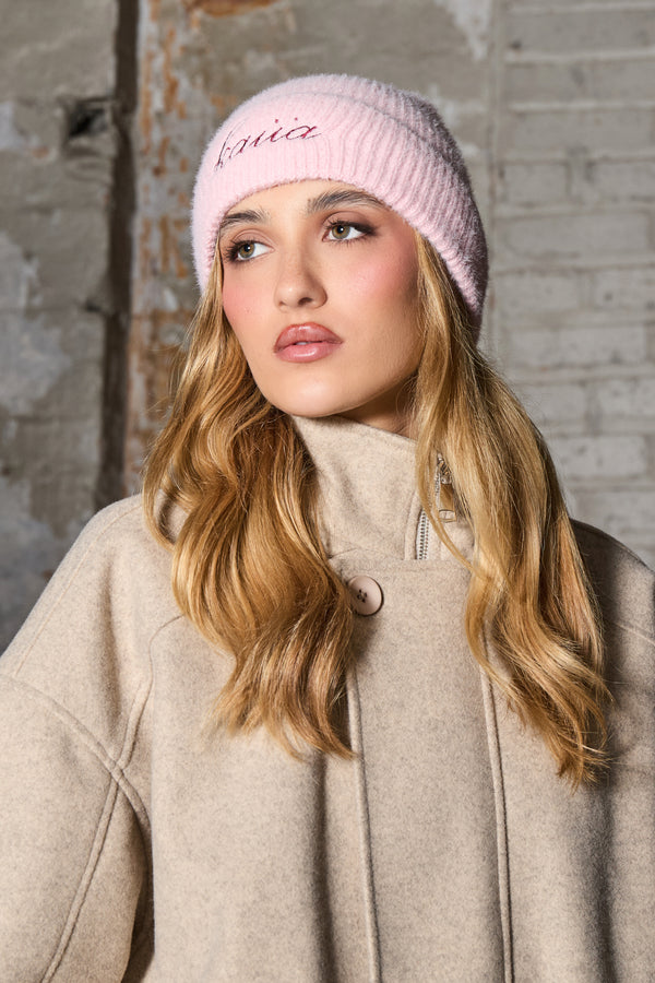Kaiia Logo Fluffy Knit Beanie Baby Pink