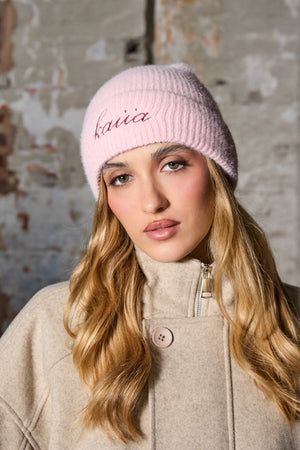 Kaiia Logo Fluffy Knit Beanie Baby Pink