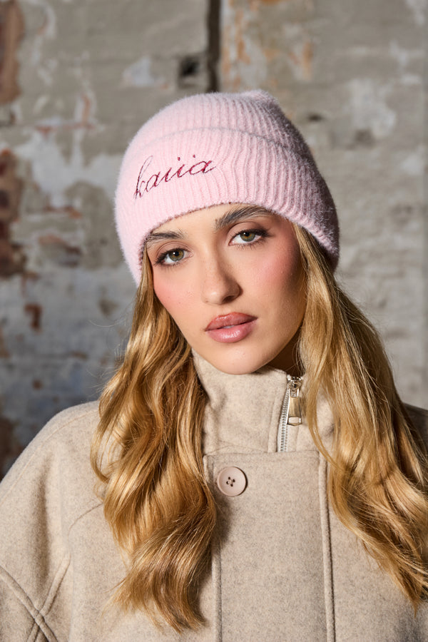 Kaiia Logo Fluffy Knit Beanie Baby Pink