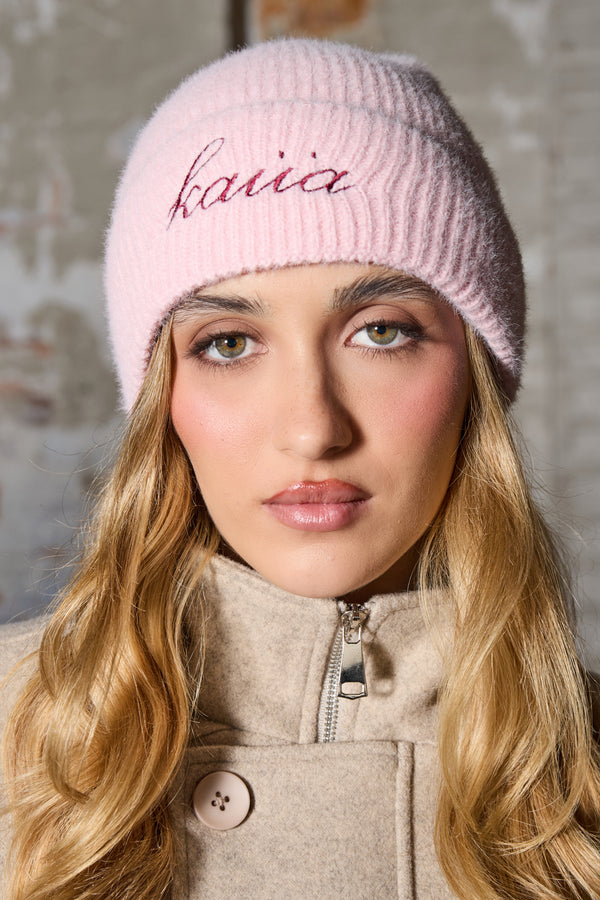 Kaiia Logo Fluffy Knit Beanie Baby Pink