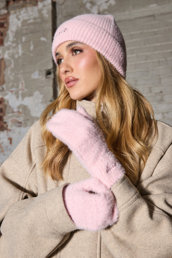 Kaiia Logo Fluffy Knit Mittens Baby Pink