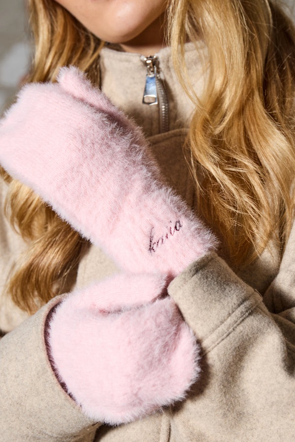 Kaiia Logo Fluffy Knit Mittens Baby Pink