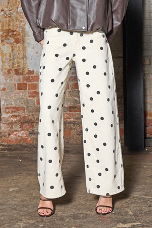 Kaiia Denim Polka Dot Wide Leg Jeans Cream & Black