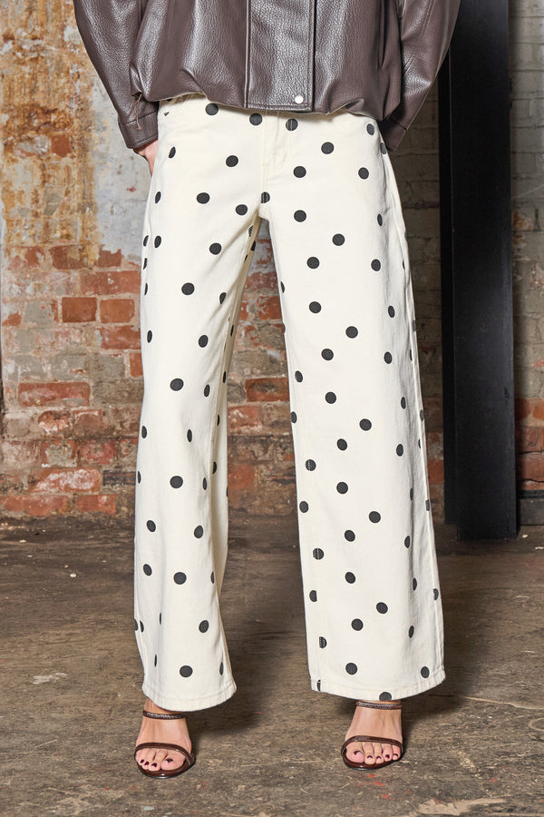 Kaiia Denim Polka Dot Wide Leg Jeans Cream & Black