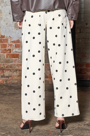 Kaiia Denim Polka Dot Wide Leg Jeans Cream & Black