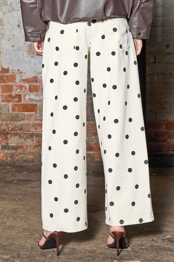 Kaiia Denim Polka Dot Wide Leg Jeans Cream & Black