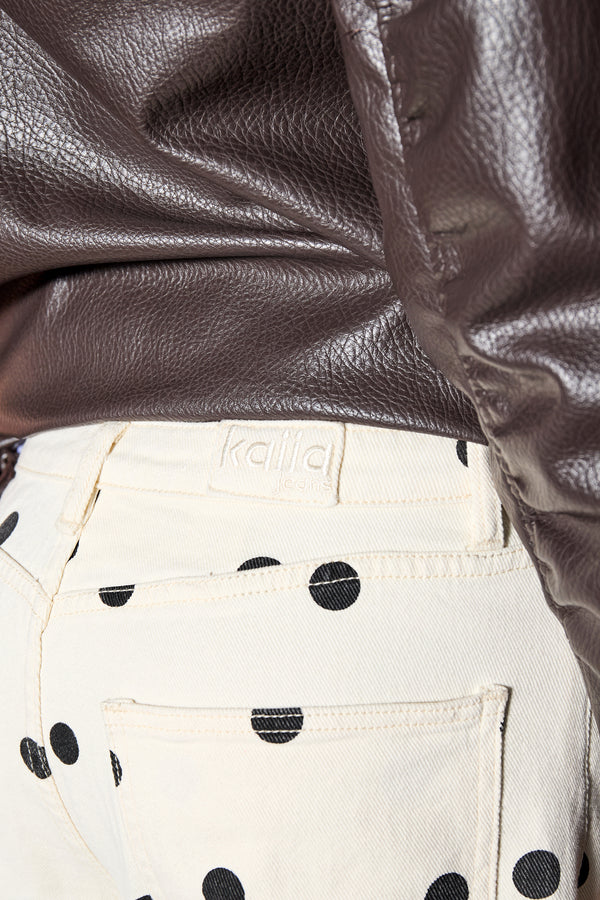 Kaiia Denim Polka Dot Wide Leg Jeans Cream & Black