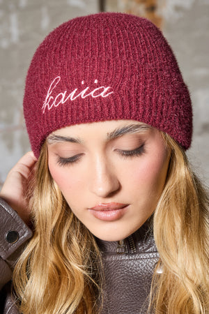 Kaiia Logo Fluffy Knit Beanie Burgundy